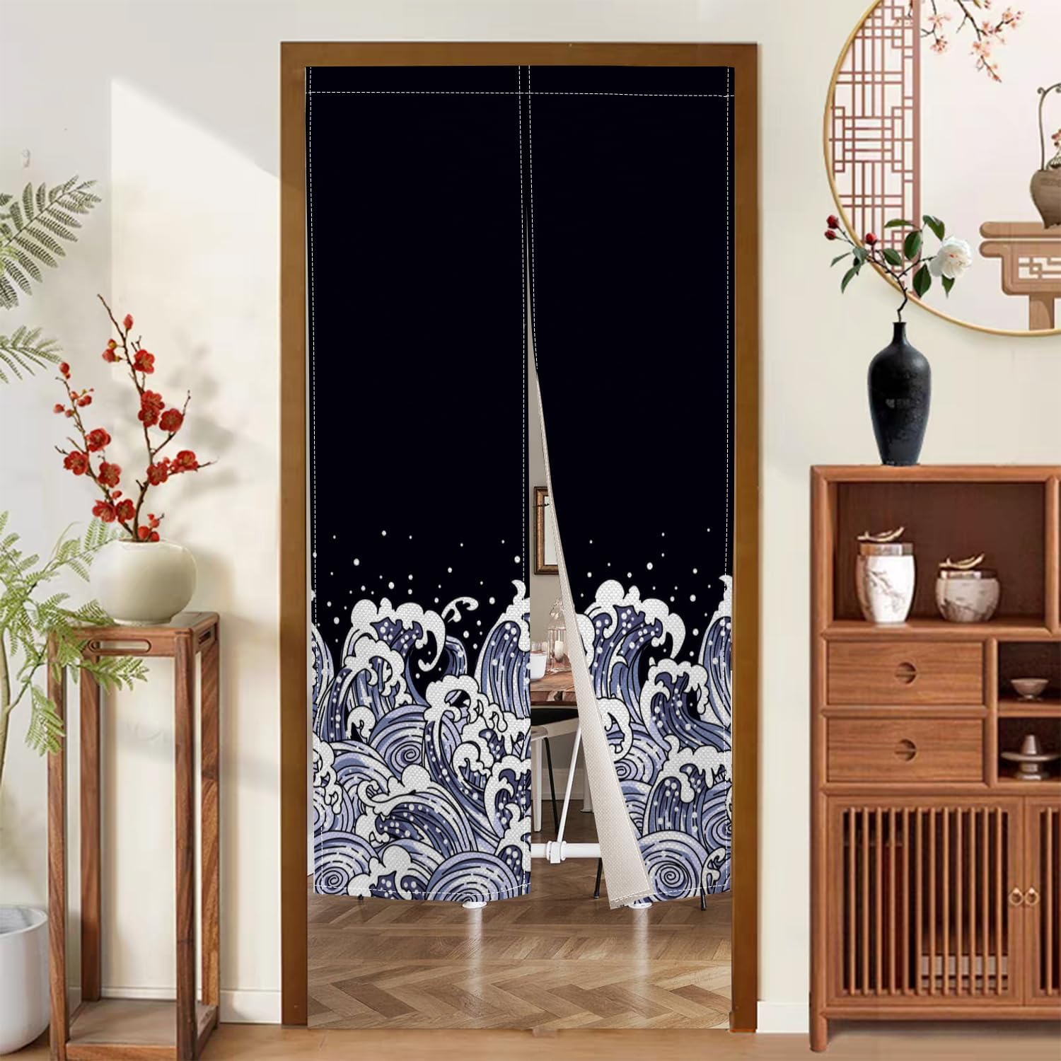 Noren Doorway Curtain with Navy Blue Waves Pattern