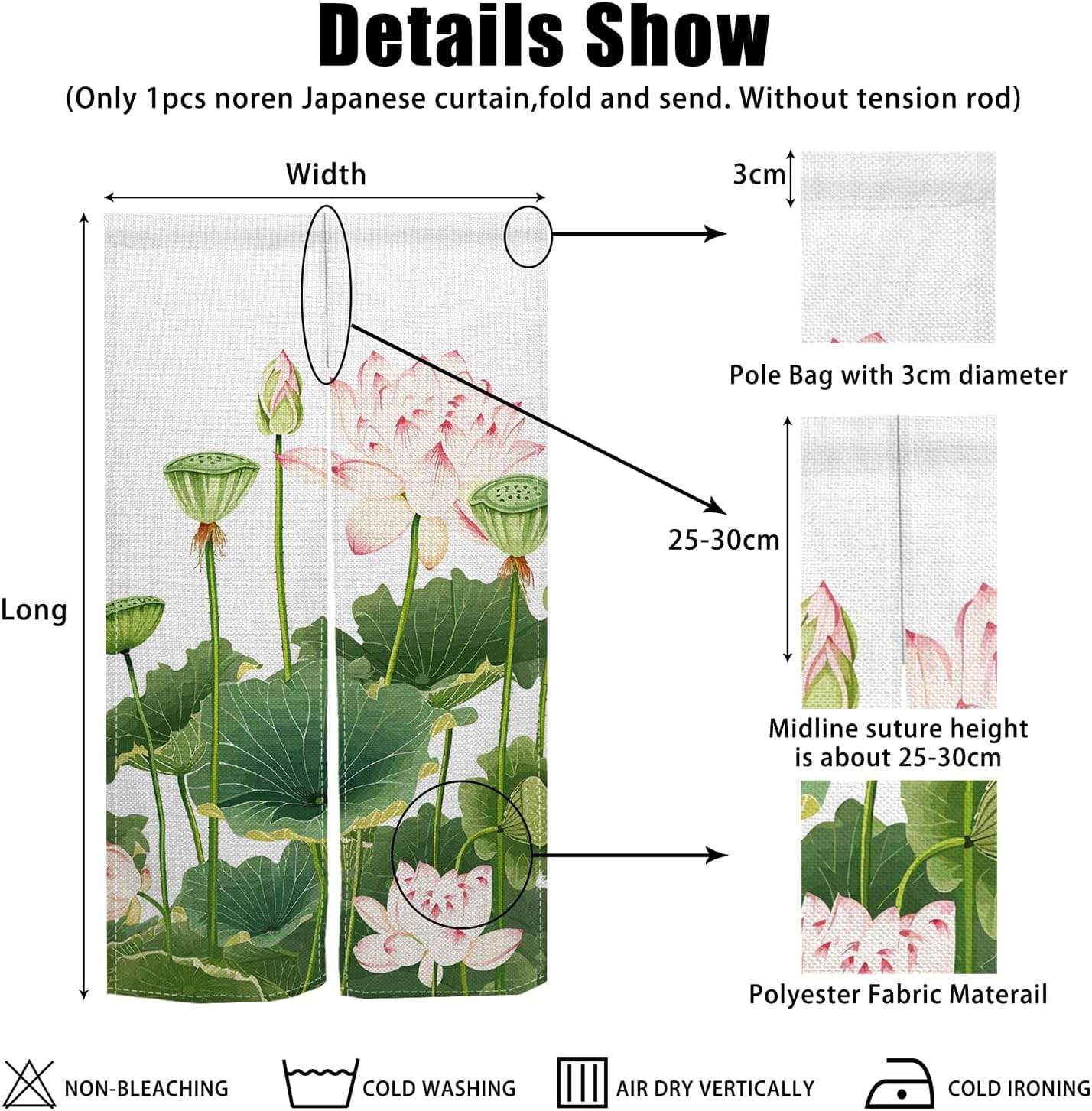 Noren Door Curtain with Lotus Print 34x60 Inches
