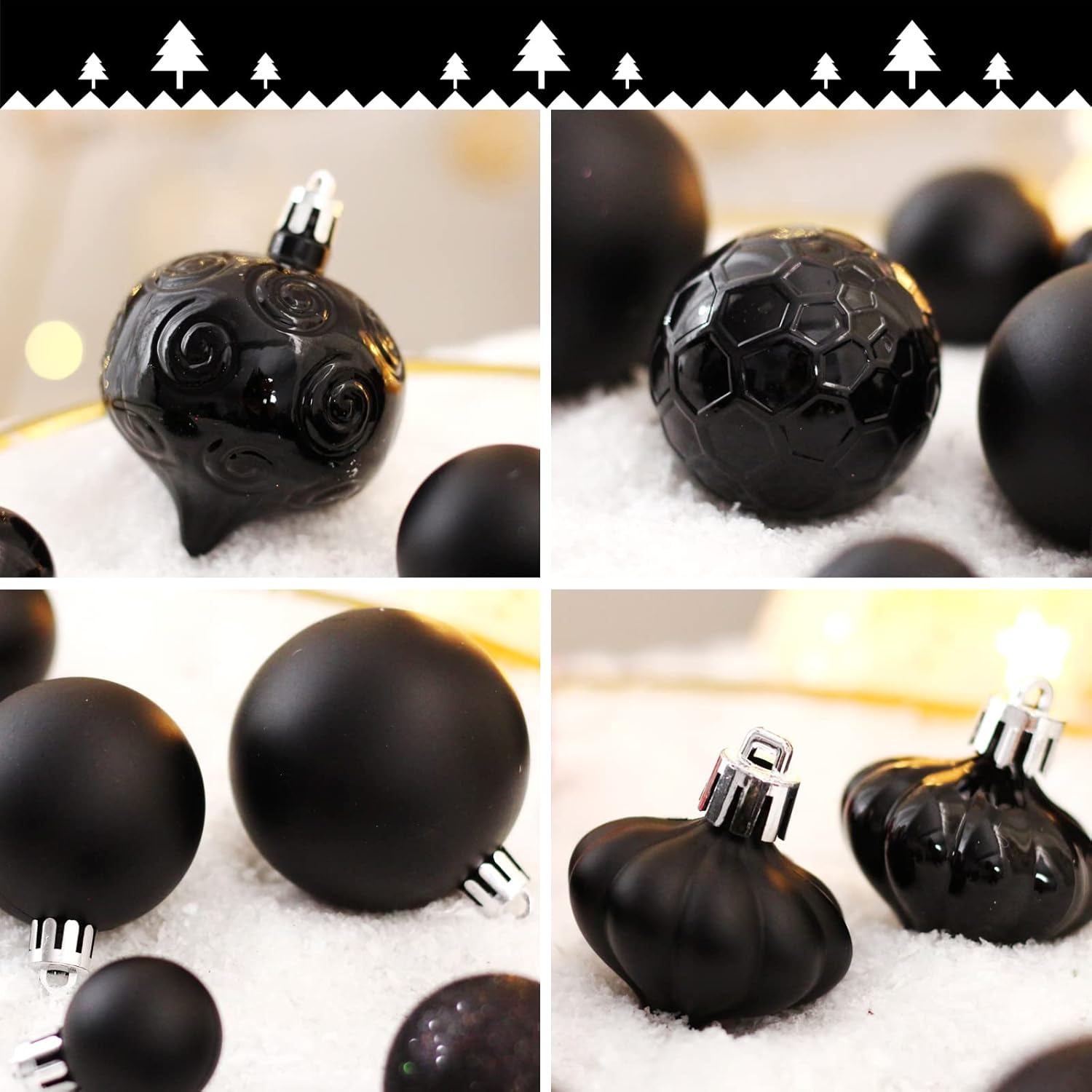 52-Pack Shatterproof Black Christmas Tree Ornaments with Star Topper