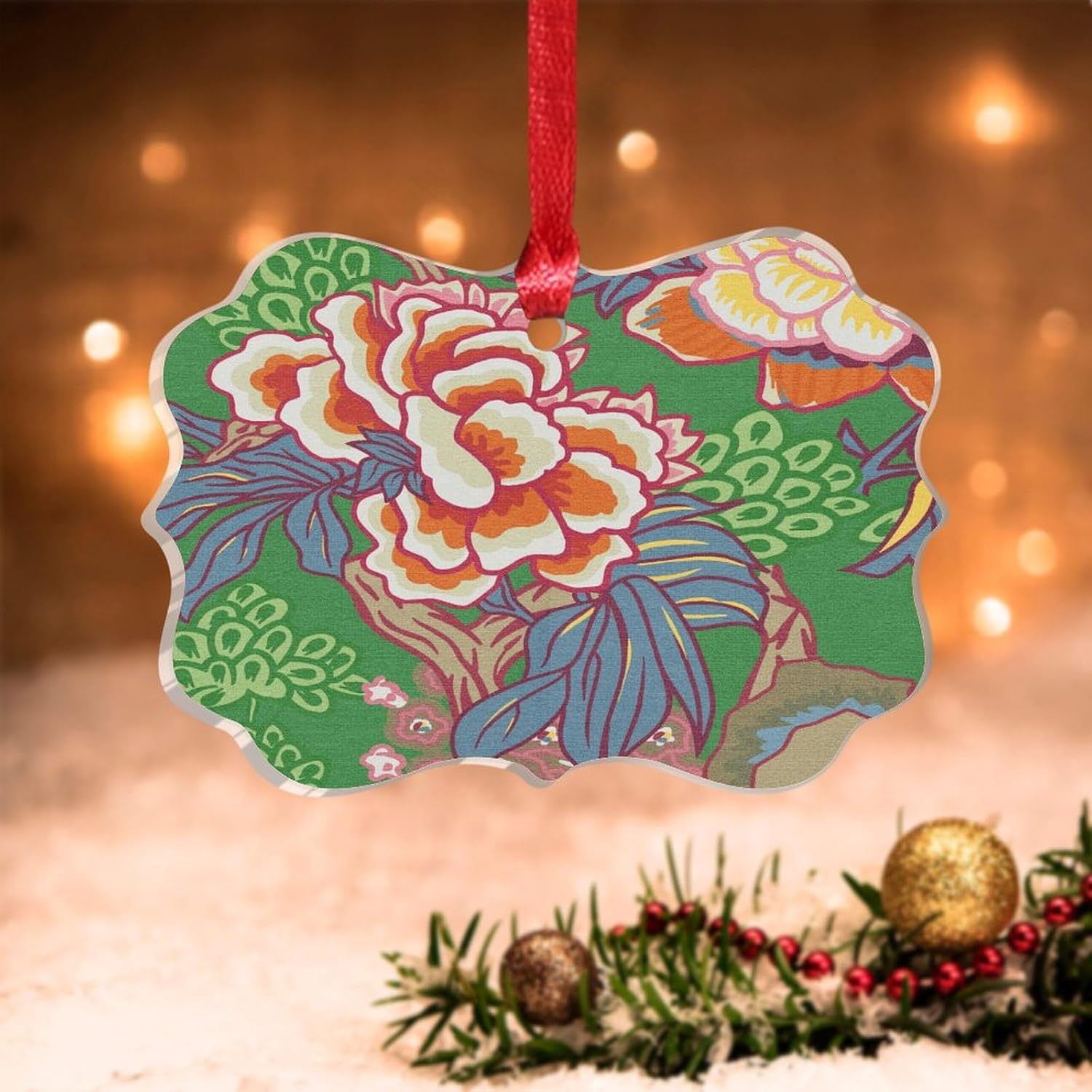 Clear Acrylic Emerald Green Chinoiserie Floral Ornament