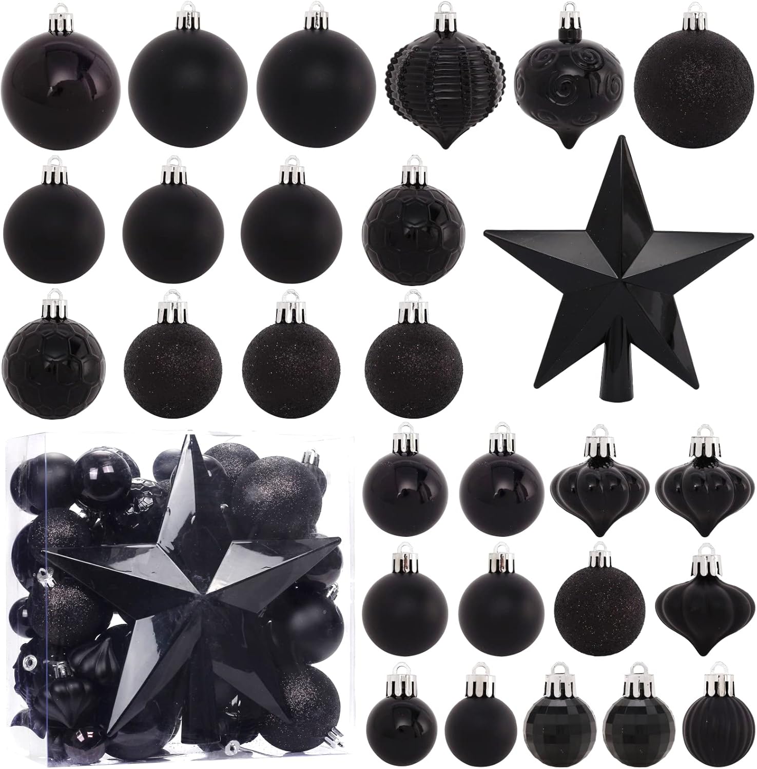 52-Pack Shatterproof Black Christmas Tree Ornaments with Star Topper