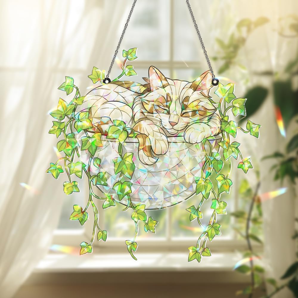 Whimsical Stained Glass Cat Sun Catcher for Home Decor