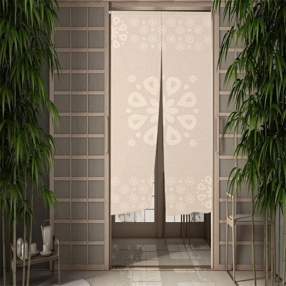 Leowefowa Japanese Noren Curtain Panel Flowers Print Beige 335x709