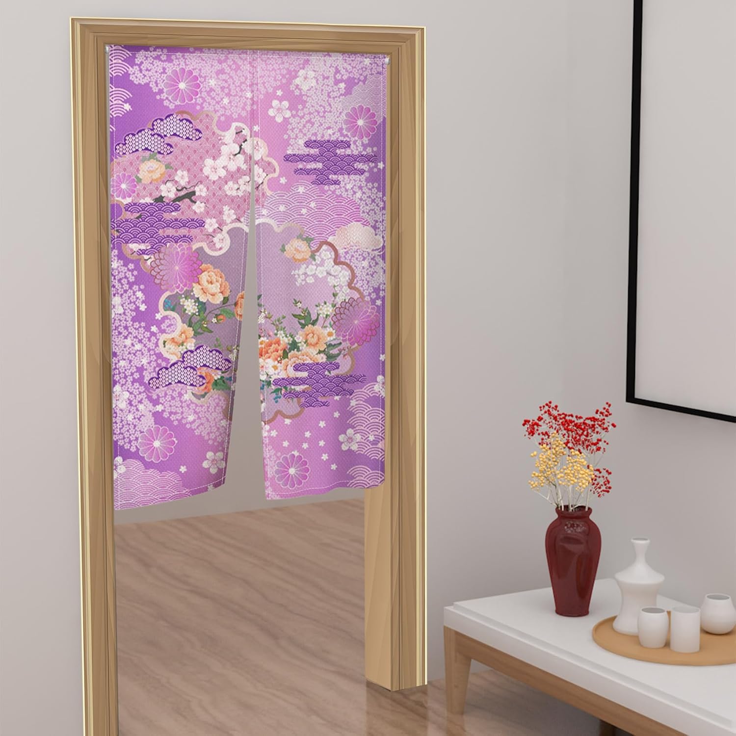 Japanese Bloomy Flowers Wave Pattern Noren Curtain