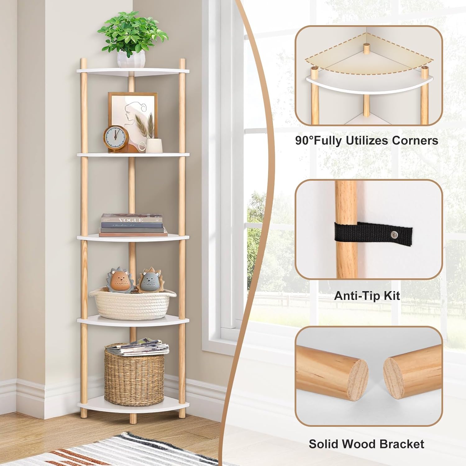 YGYQZ 5 Tier Corner Bookshelf Stand - Narrow Stable Rustic Style