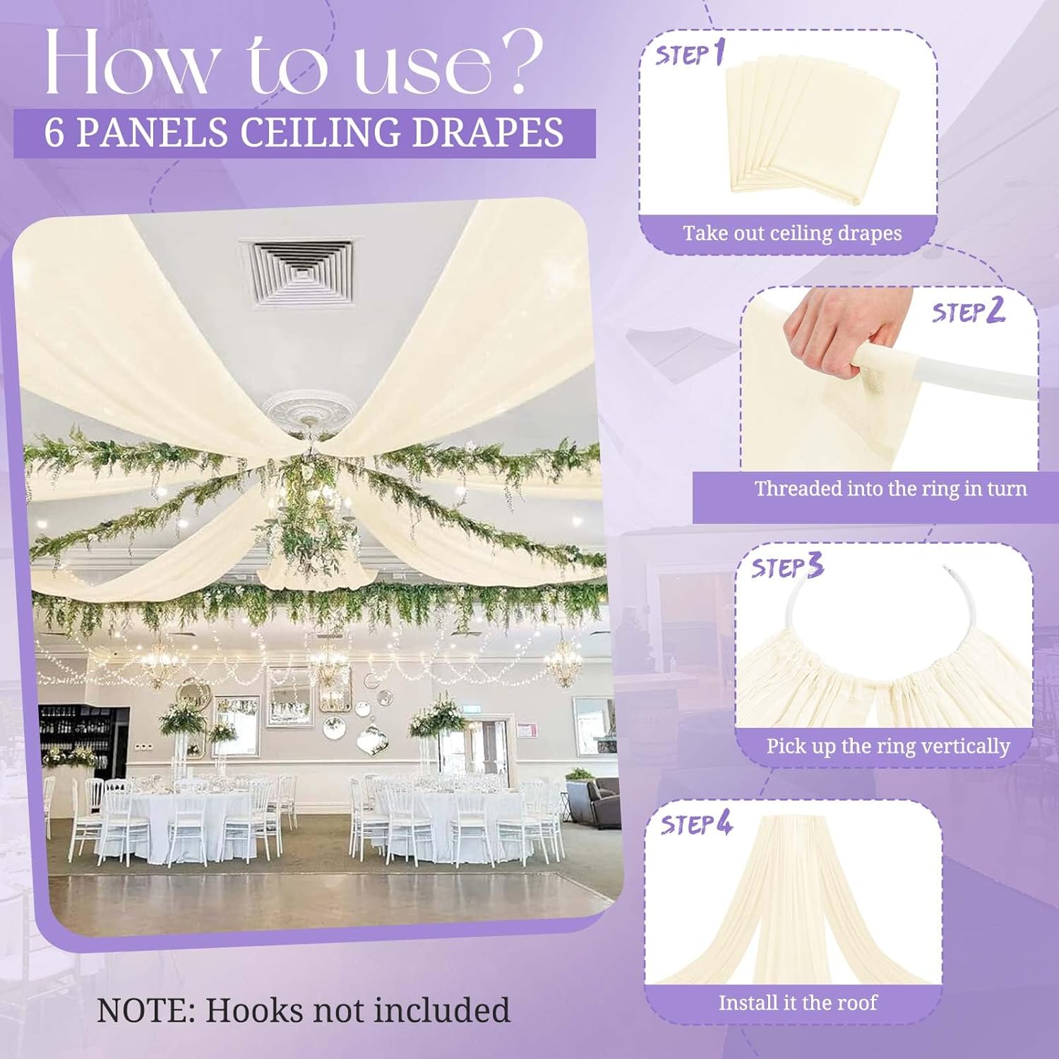 6 Panels Ivory Ceiling Drapes for Wedding
