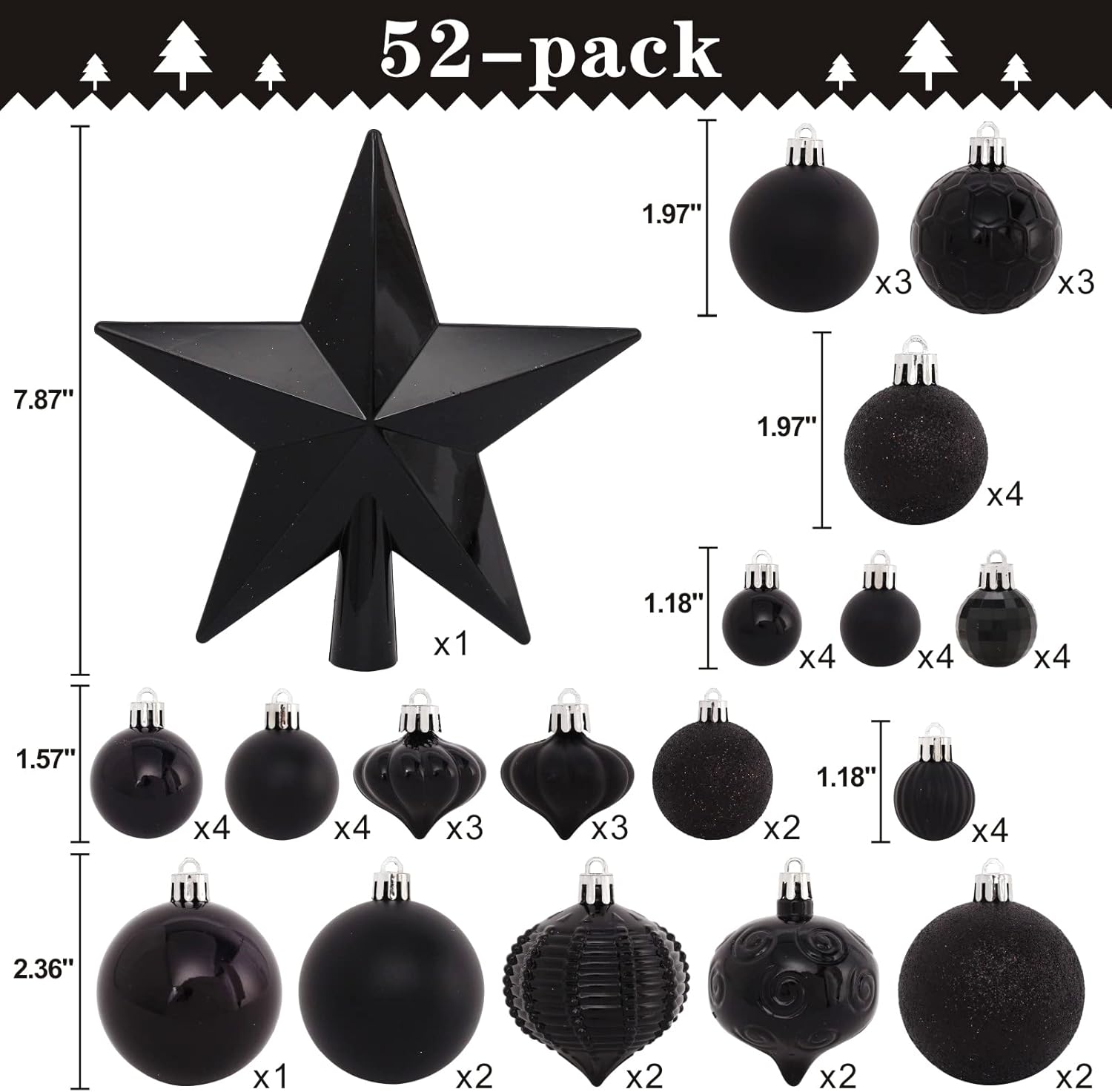 52-Pack Shatterproof Black Christmas Tree Ornaments with Star Topper