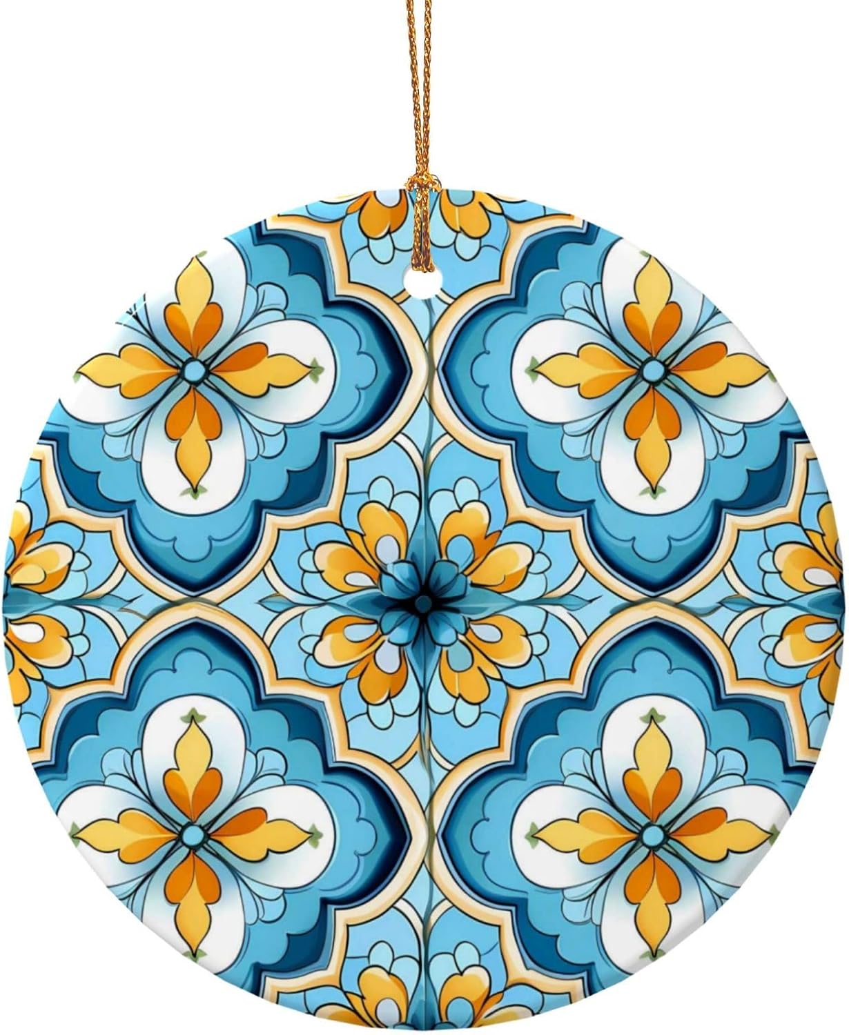 Christmas Ornaments Blue Yellow Quatrefoil Round Ceramic Pendant Decor