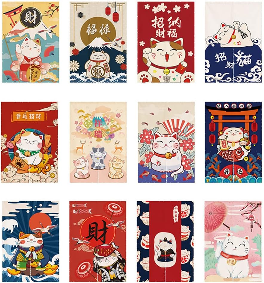 Japanese Noren Door Curtain with Maneki Neko Lucky Cat Design 1