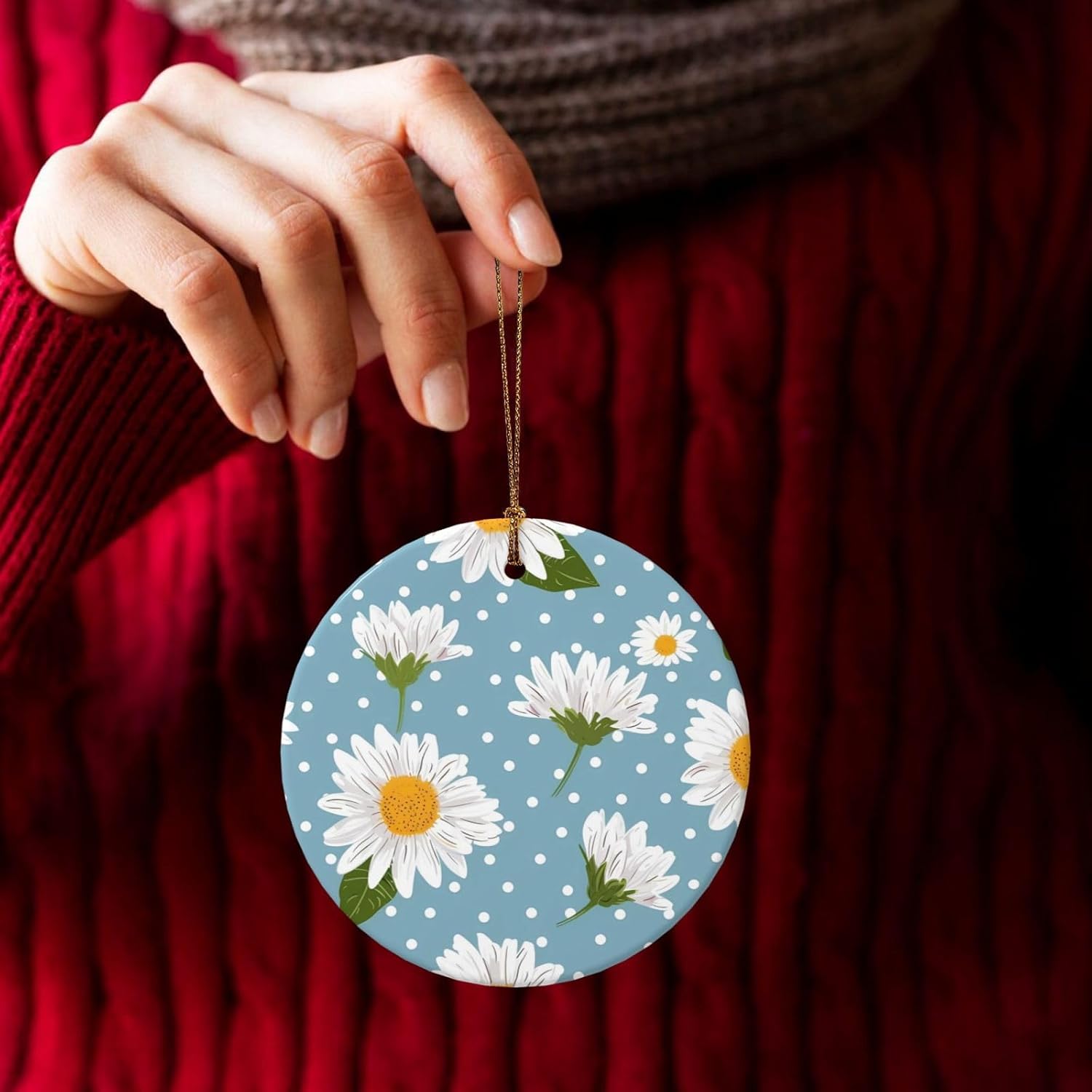 Christmas Ornaments Daisy Flower Polka Dots Round Ceramic Pendant Decor