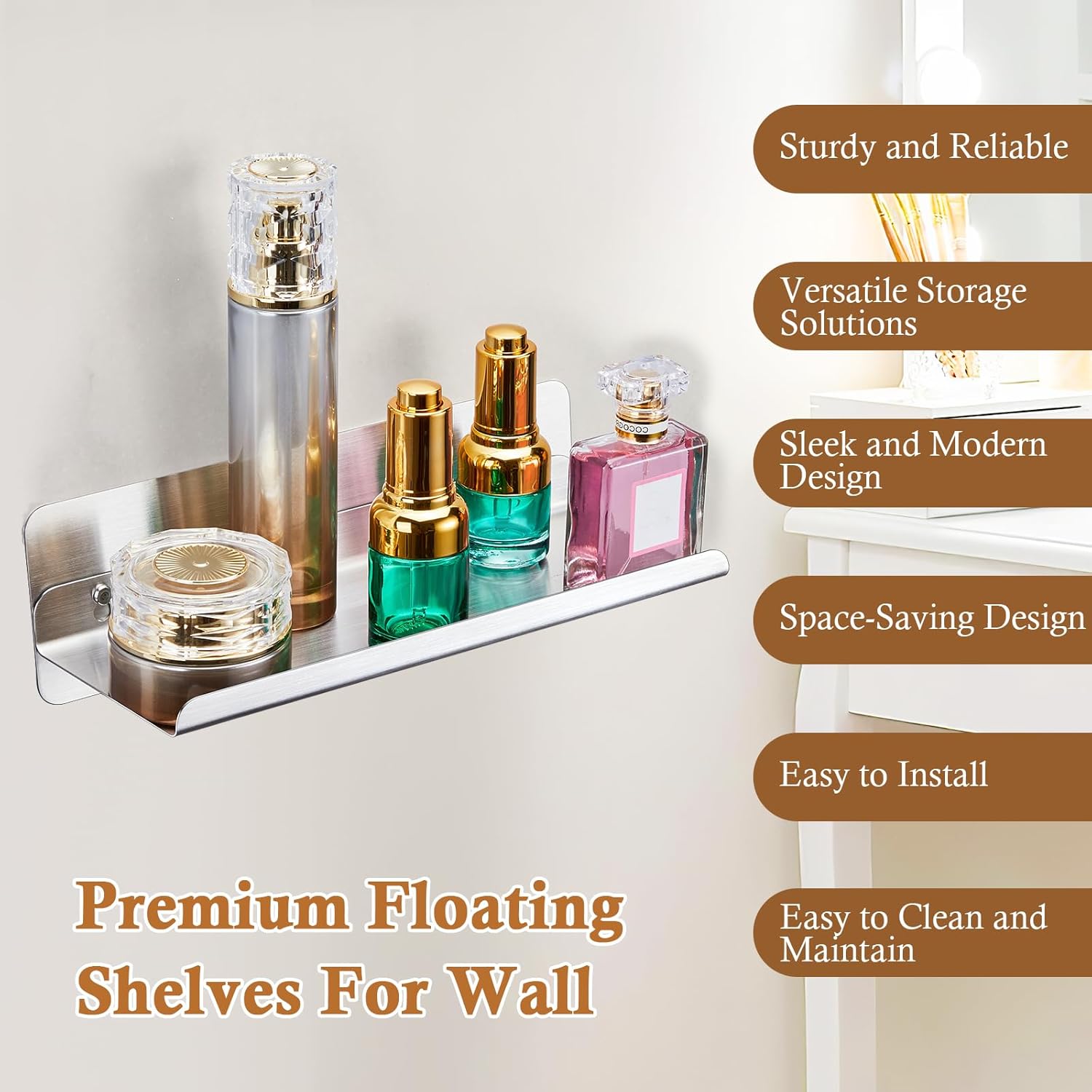 LOXSUN Floating Wall Shelf Stainless Steel No Drilling Shower Organizer
