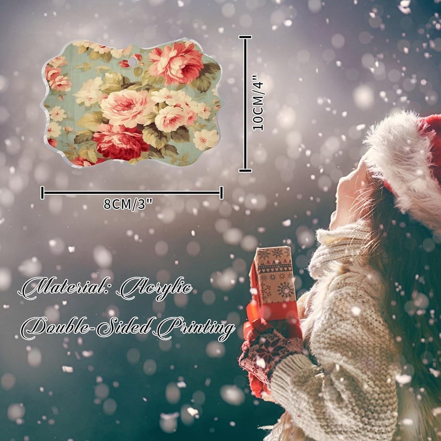 Clear Acrylic Christmas Ornament with Red Pink Roses