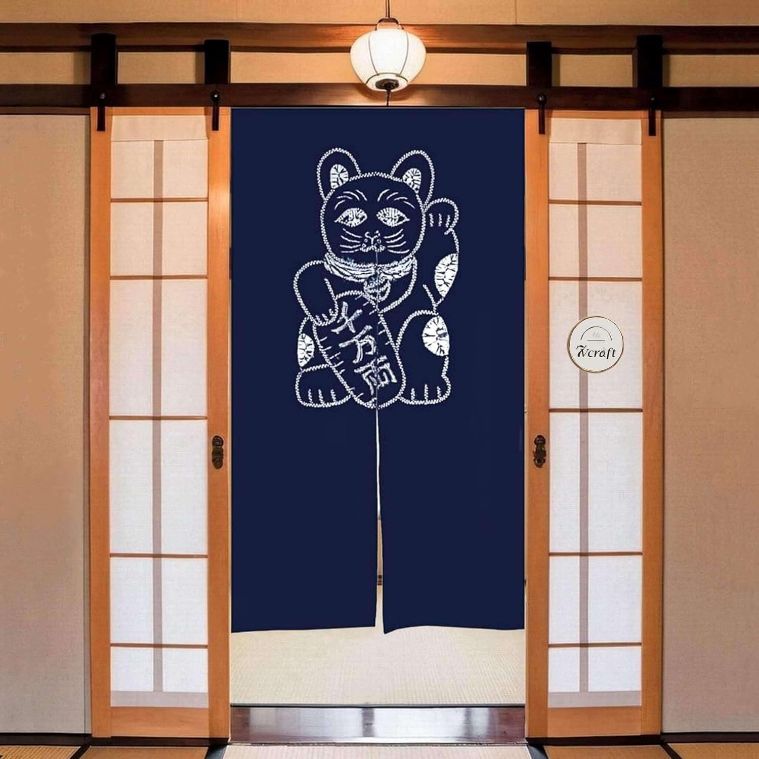 Hand Dyed Japanese Noren Curtain with Lucky Cat Design