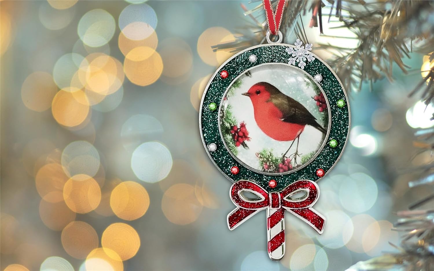 Gixpop Glitter Lollipop Christmas Ornament with Robin Bird