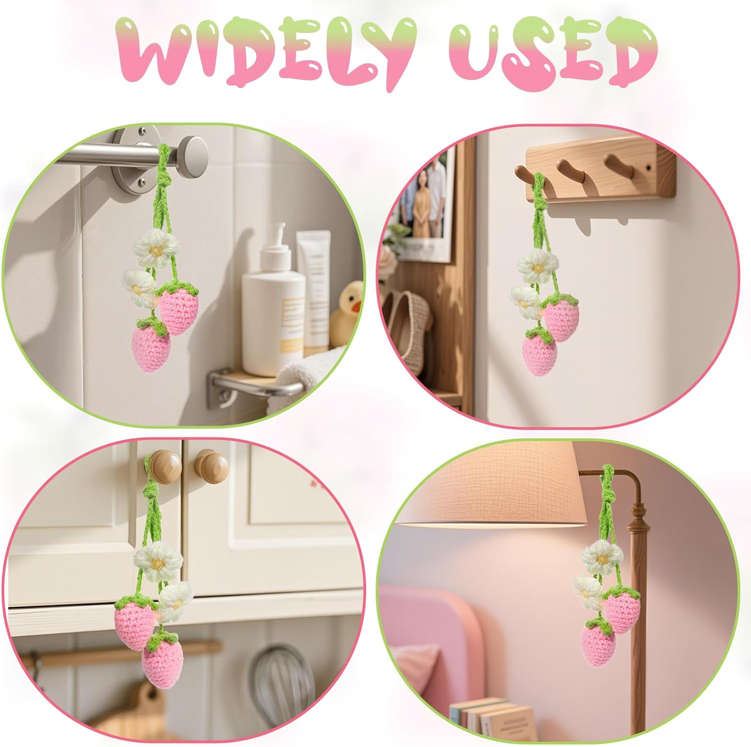 Cute Crochet Strawberry Flower Car Hanging Ornaments 2 Pcs