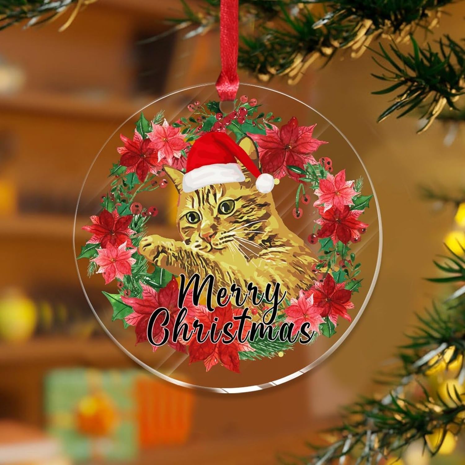 3 Inch Clear Acrylic Christmas Ornaments with Santa Hat