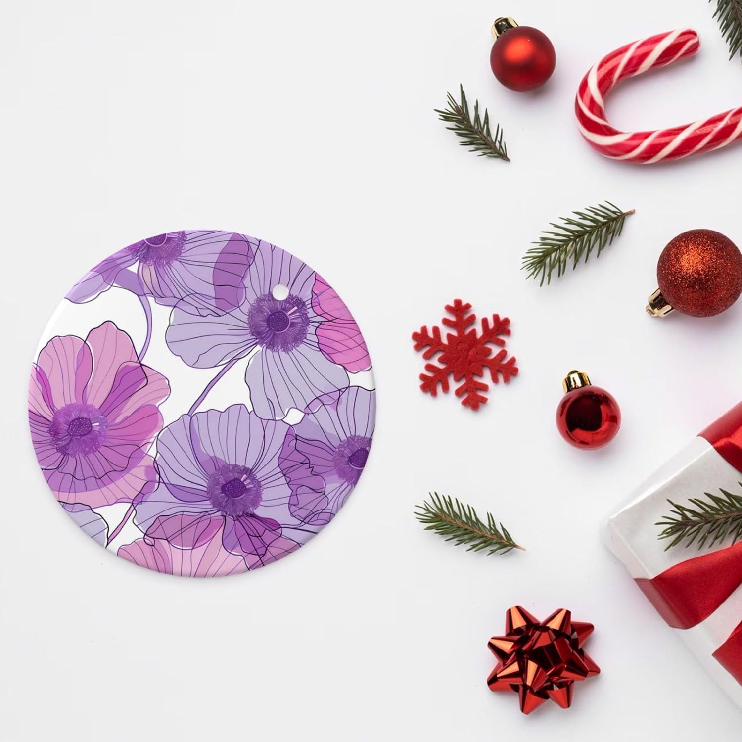 Purple Anemone Ceramic Hanging Christmas Ornaments