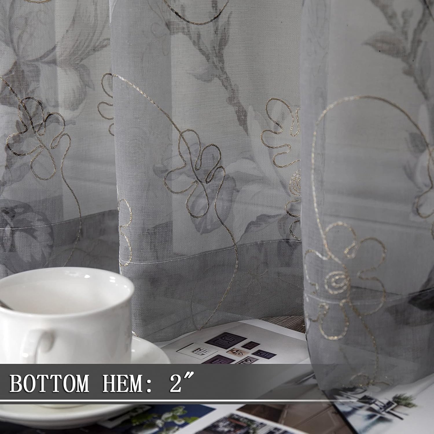 Tollpiz Floral Grey Sheer Curtains with Vine Embroidery