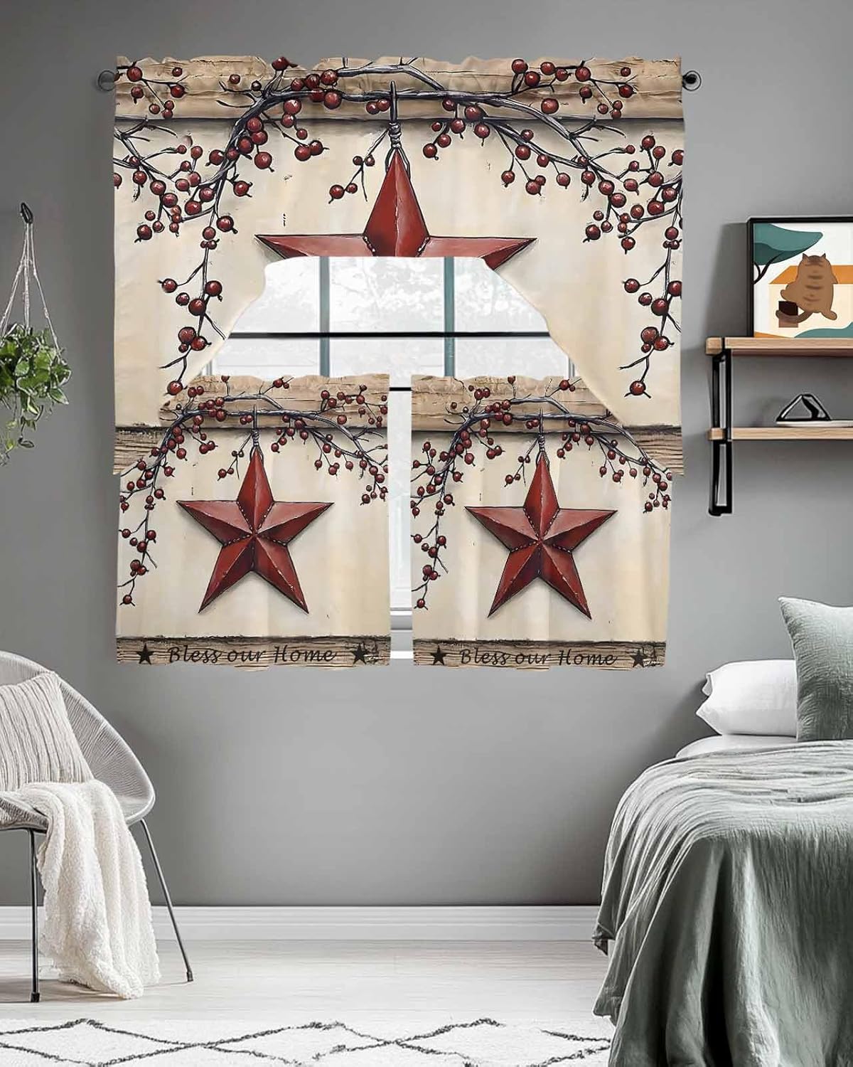 Red Texas Star Rustic Kitchen Curtain Set 3 Piece