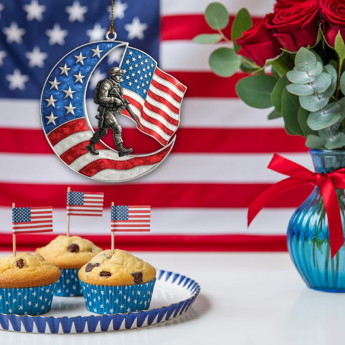 Patriotic Soldier Moon Acrylic Ornament 4-Inch