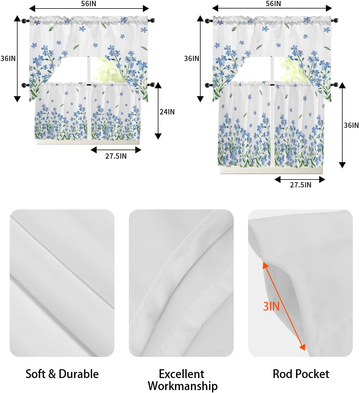 Farmhouse Floral Curtains Swag Valance and Tier Set 24 Inch