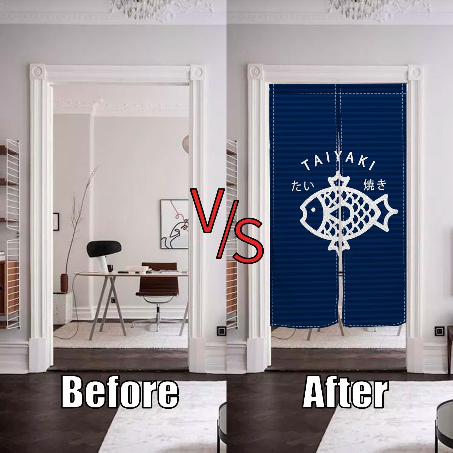 Traditional Japanese Noren Door Curtain with Taiyaki Print