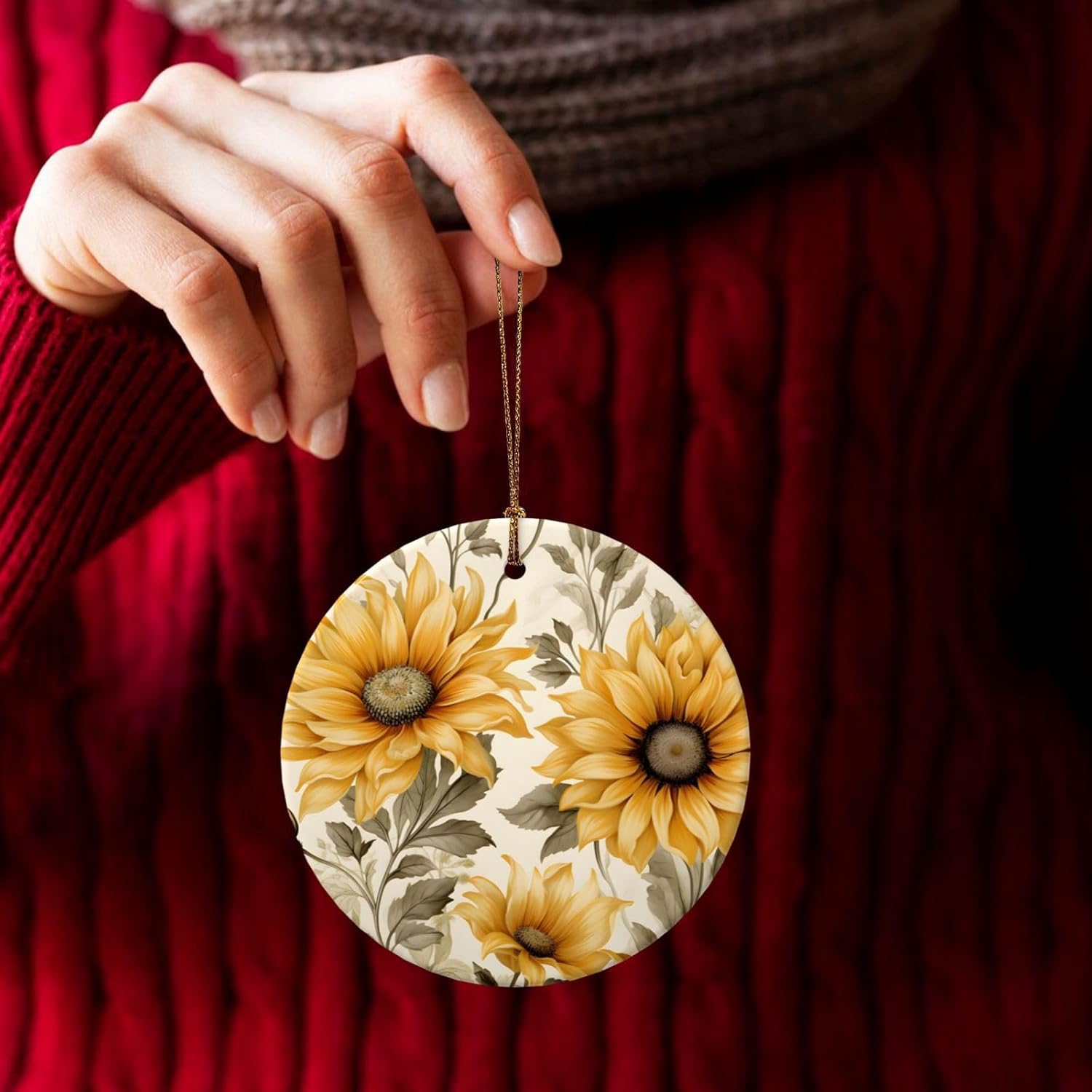 DXTKWL Christmas Ornaments Retro Sunflower Round Ceramic Pendant Decor