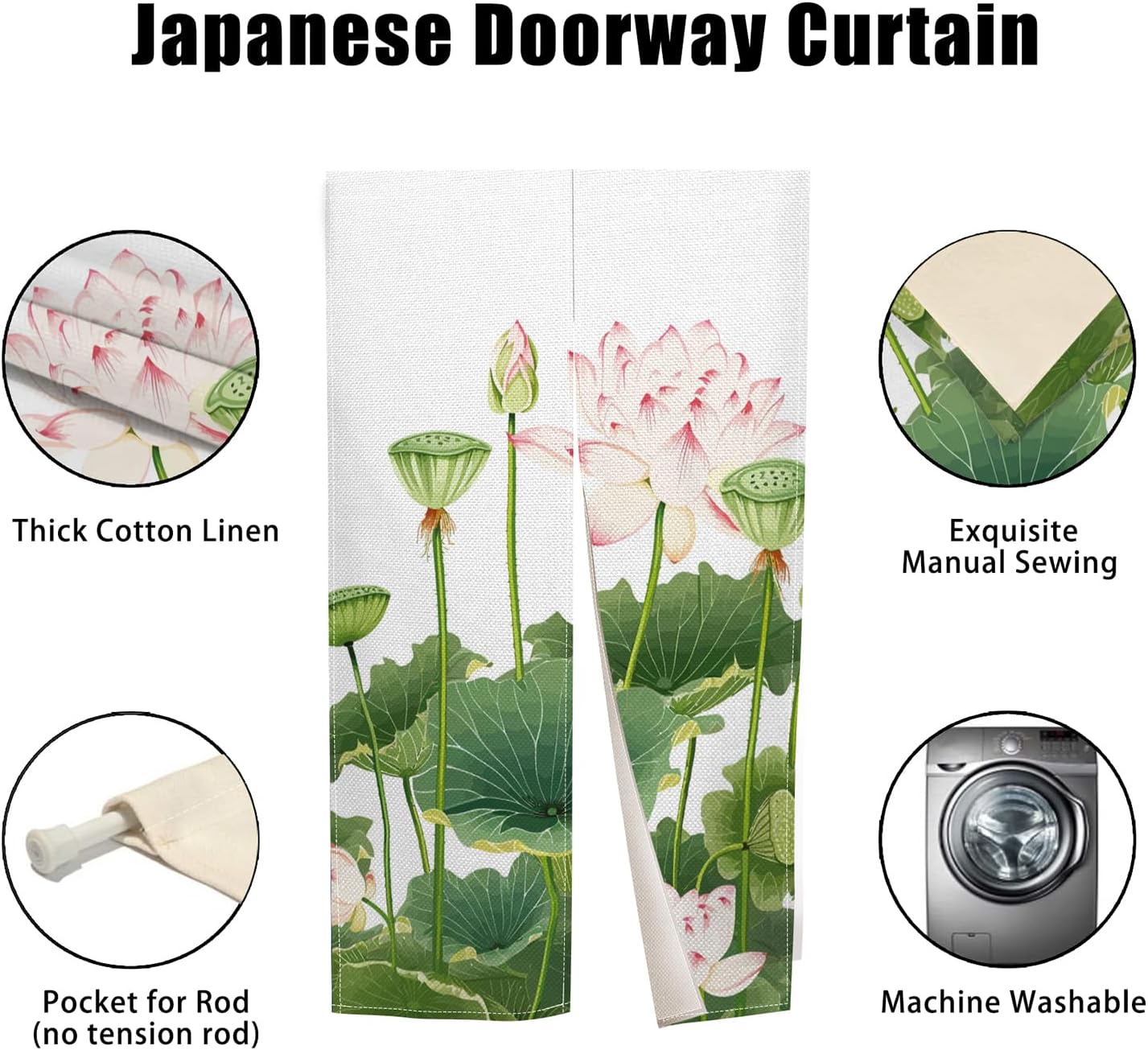 Noren Door Curtain with Lotus Print 34x60 Inches