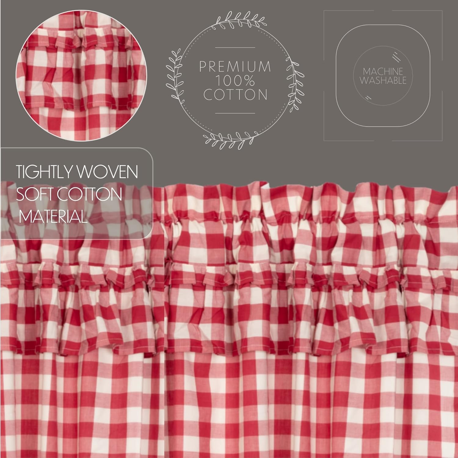 VHC Brands Red Buffalo Check Curtains with Drawstring and Ruffles