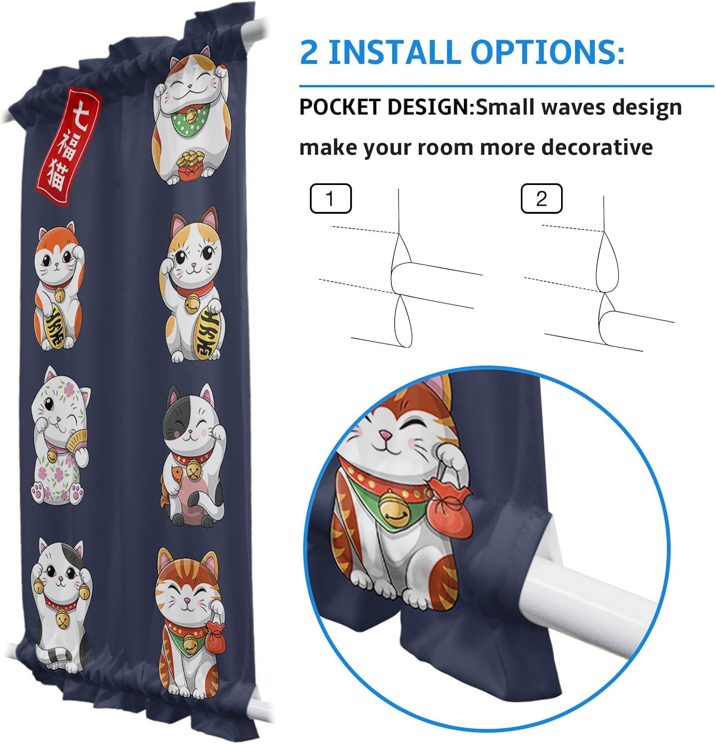 Japanese Noren Door Curtains With Double Rod Pocket Lucky Cats Blue