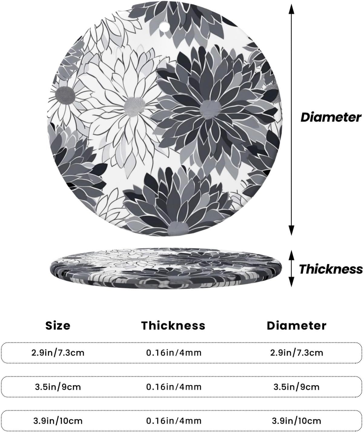 Christmas Ornaments Grey Black White Flower Round Ceramic Pendant Decor