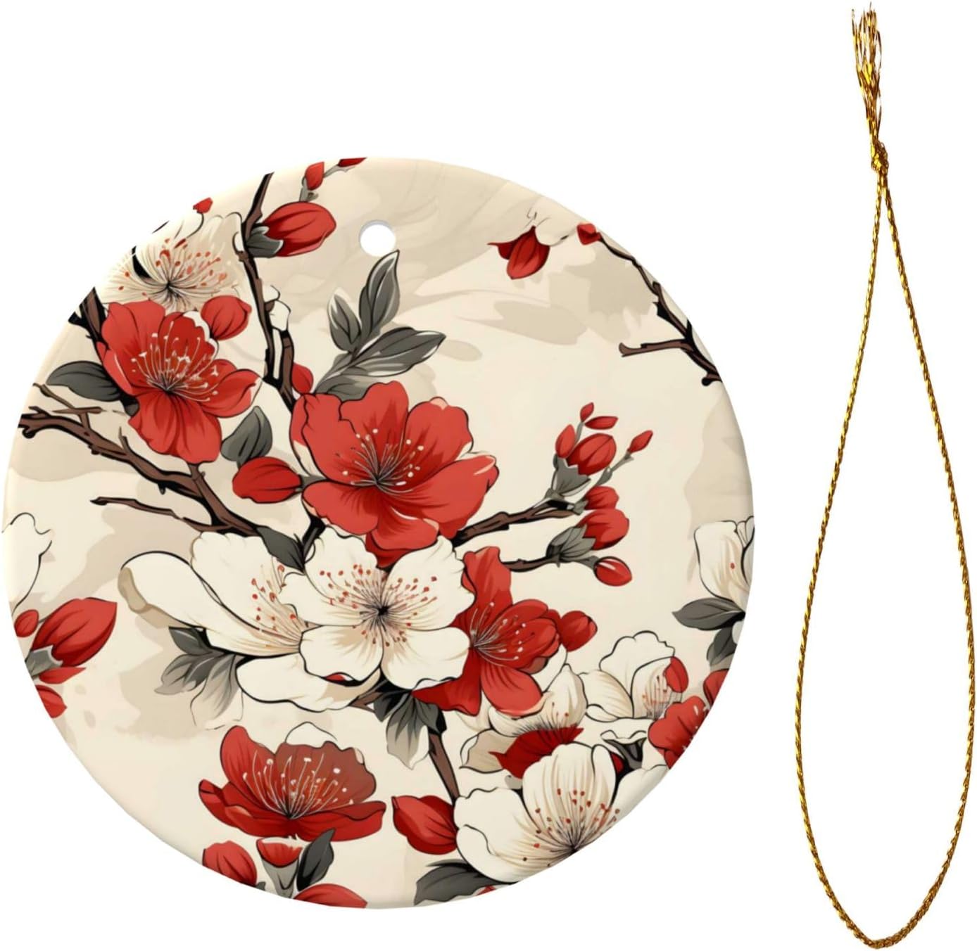 Christmas Ornaments White Red Cherry Blossom Ceramic Round Pendant Decor