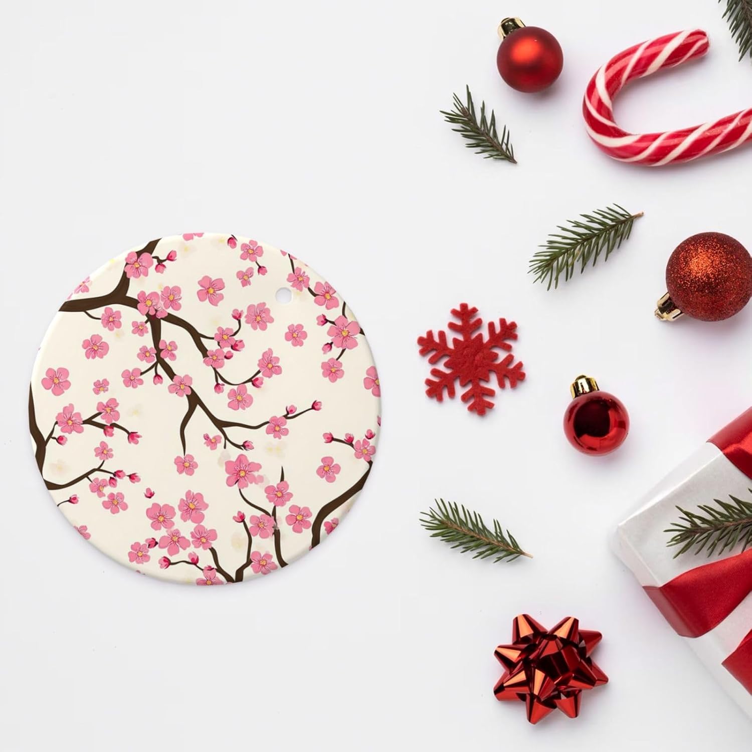 Pink Cherry Blossom Round Ceramic Christmas Ornaments