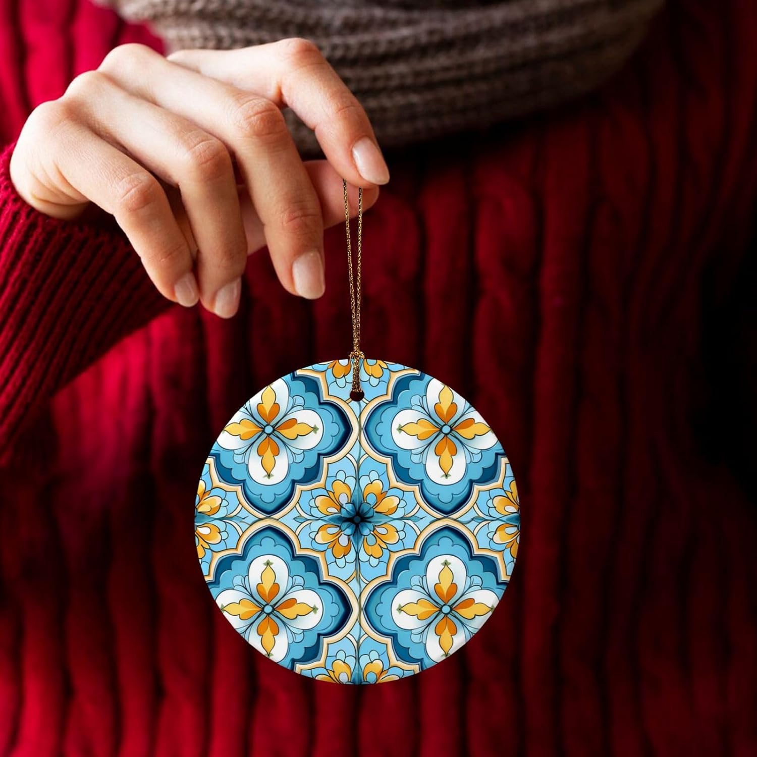 Christmas Ornaments Blue Yellow Quatrefoil Round Ceramic Pendant Decor