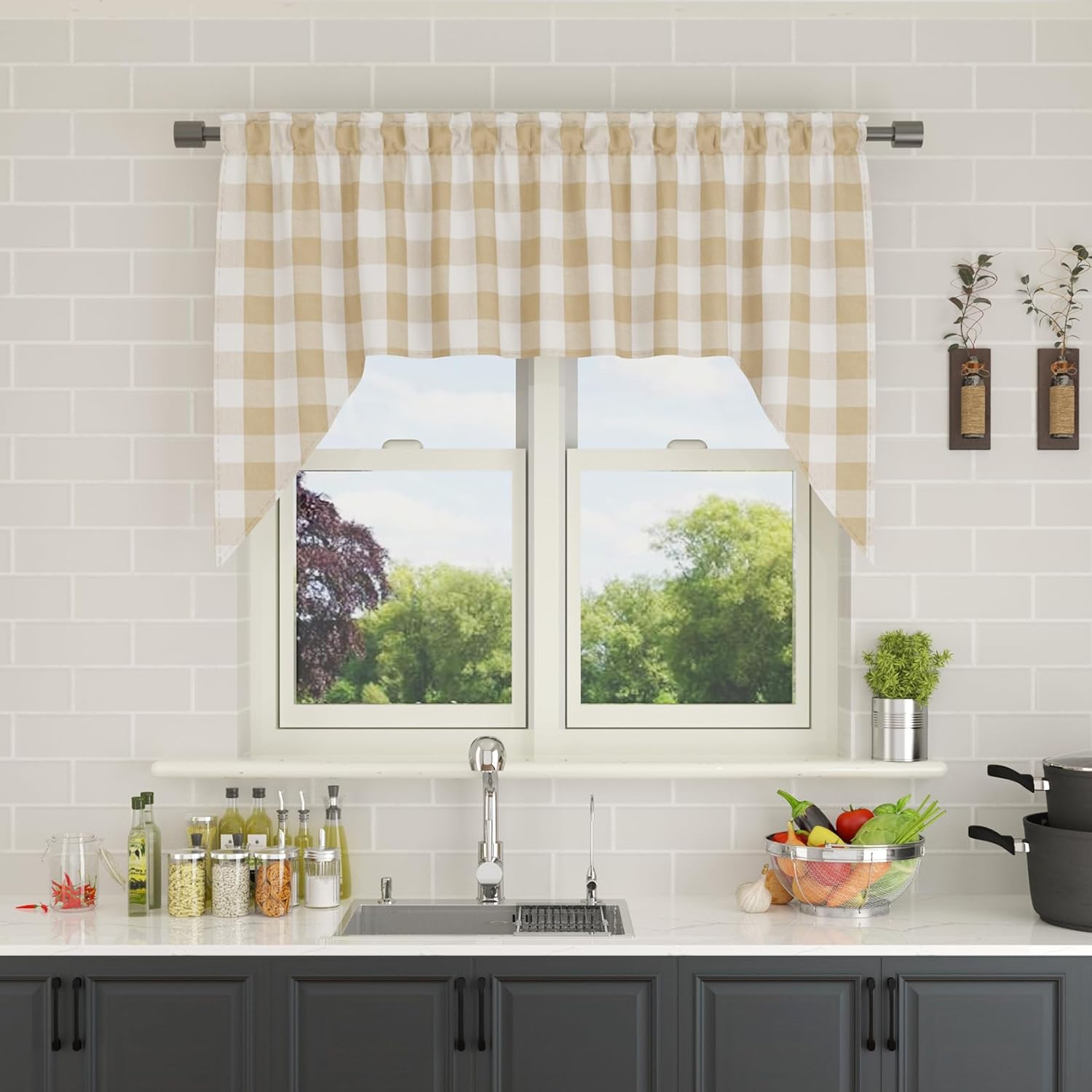 Curtain Swag 1 Panel Classic Buffalo Check Beige White 54x36