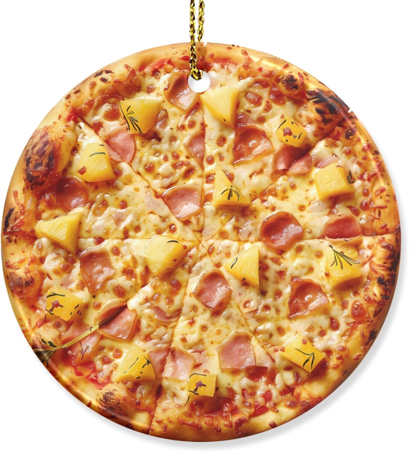 Generic Hawaiian Pizza with Pineapple and Ham Ceramic Christmas Ornaments 3 Inch Hanging