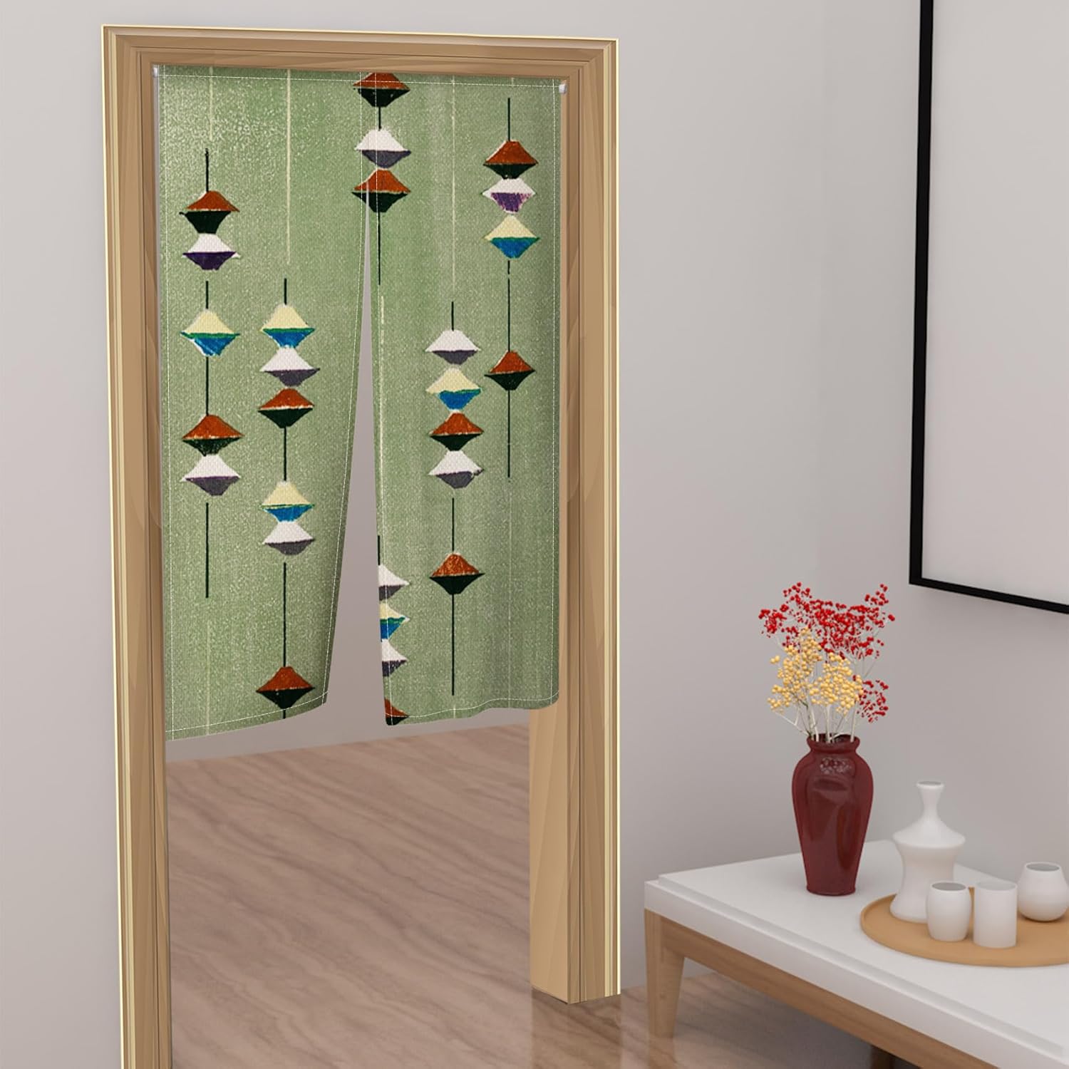 Leowefowa Noren Door Curtain Green Geometry Panel
