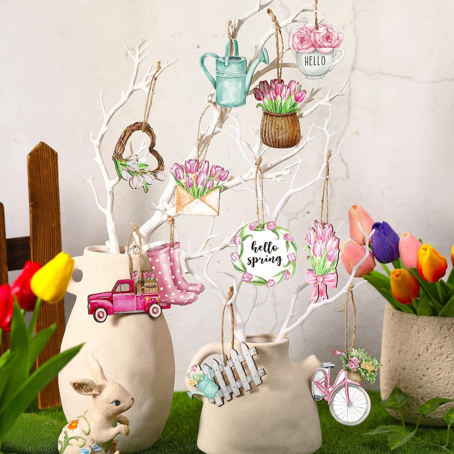 24 Pcs Spring Floral Wooden Ornaments with Rope