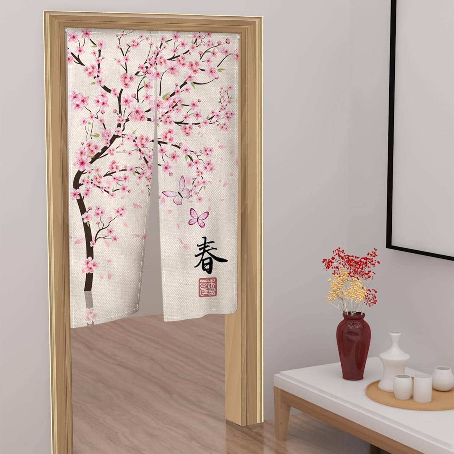Leowefowa Japanese Noren Door Curtain Pink Cherry Blossom Design