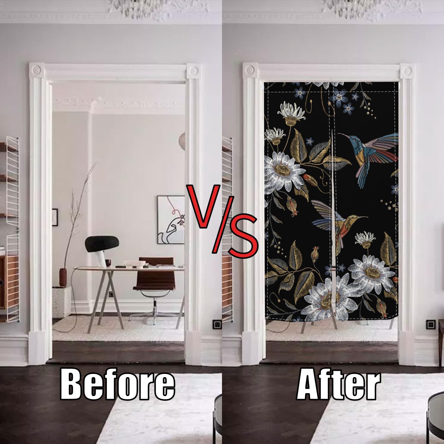 Japanese Noren Door Curtain with Blooming Flowers and Birds Pattern
