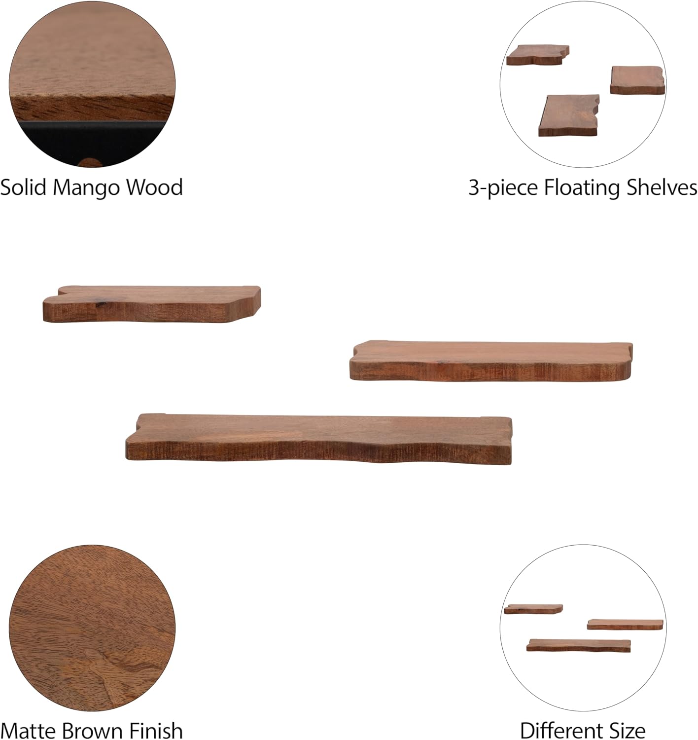 Sagebrook Home Floating Wall Shelves Set of 3 Mango Wood with Iron Brackets
