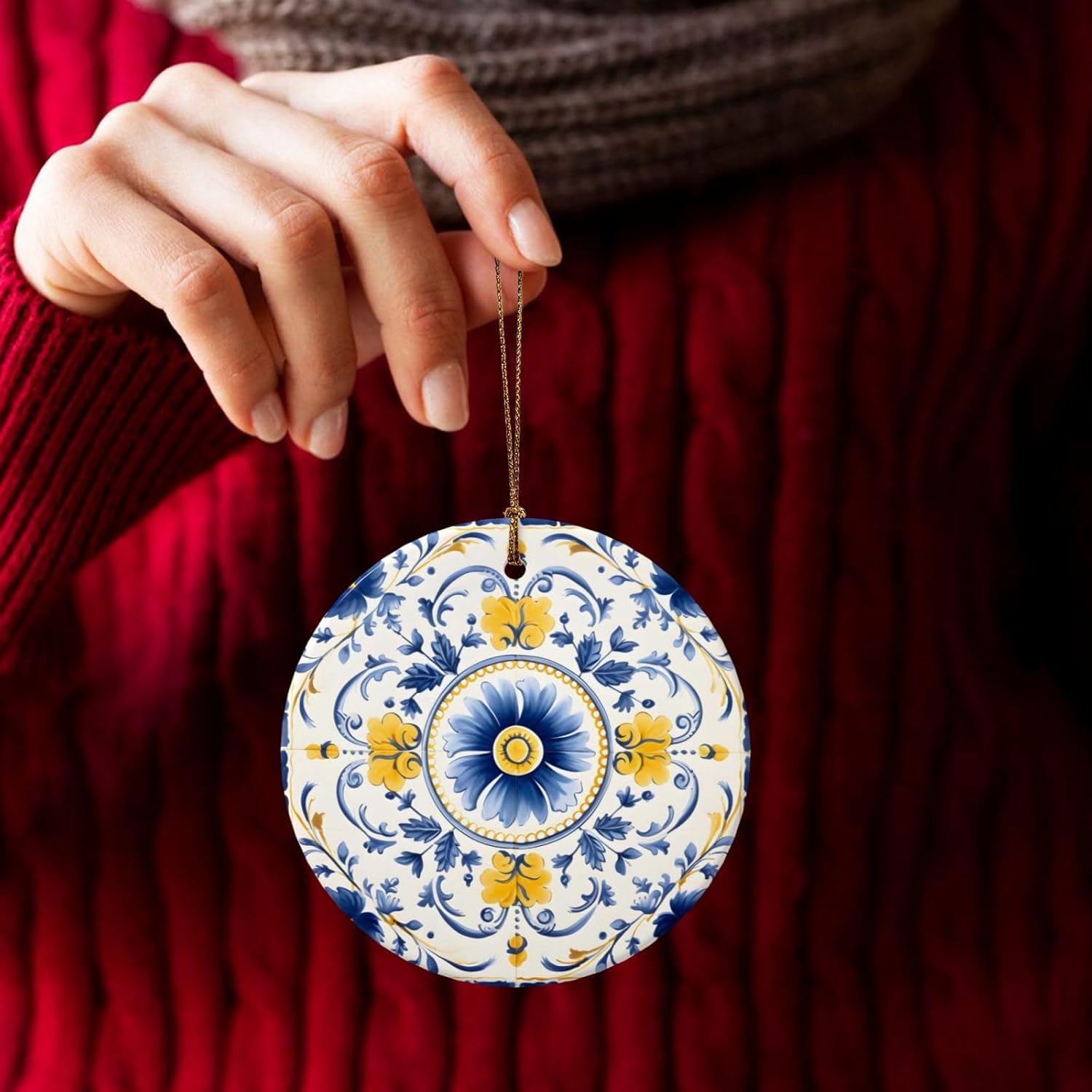 DXTKWL Christmas Ornaments Blue Yellow Ceramic Round Pendant Hanging Decorations