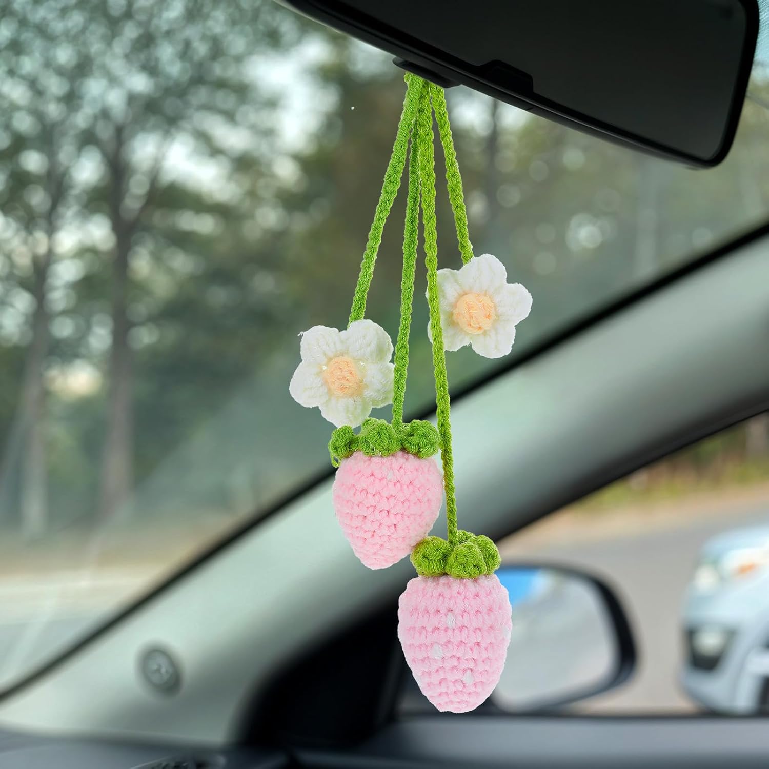 Telooco Crochet Strawberry Car Hanging Ornament Set