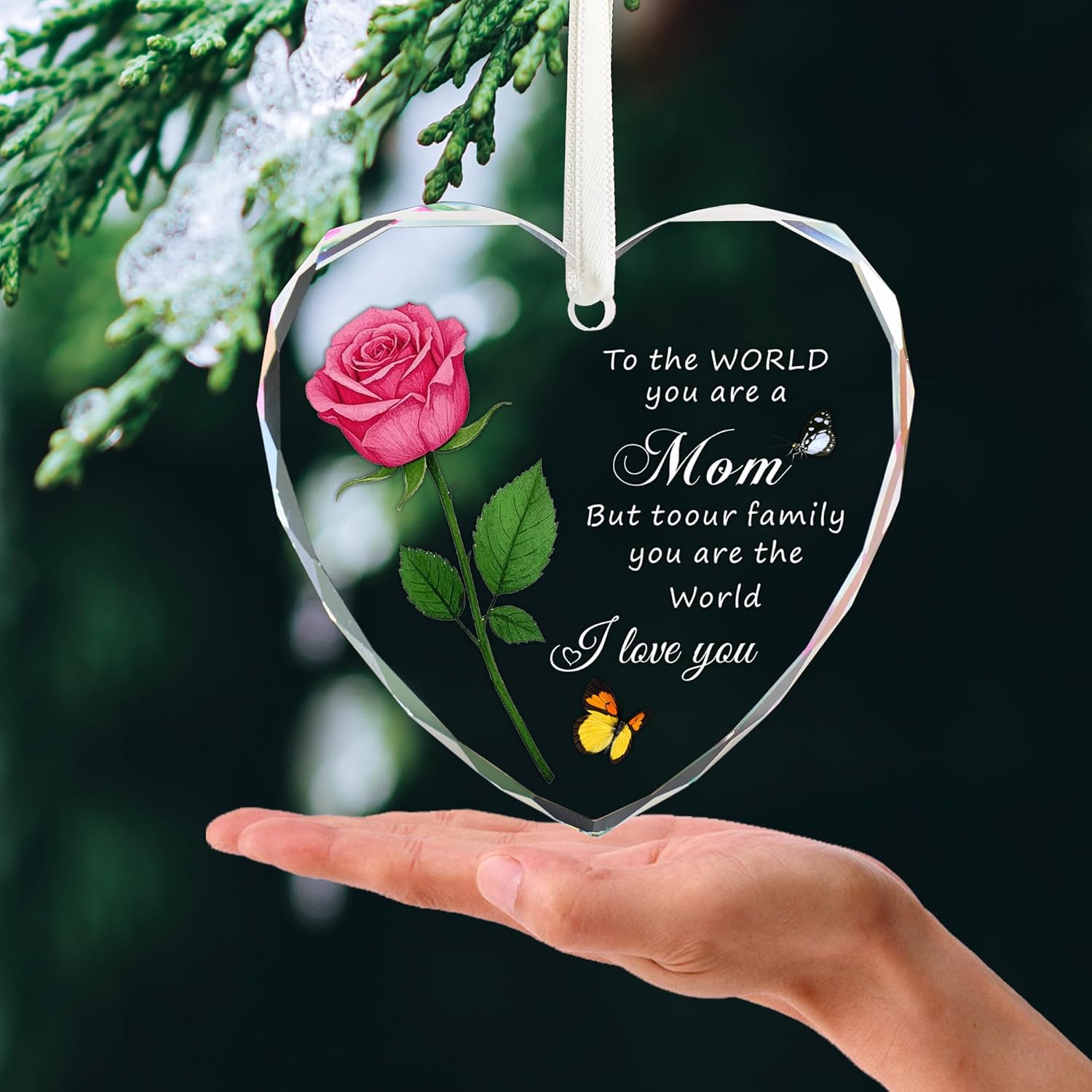 Heart Shaped Glass Christmas Ornament for Mom Pink Rose Design