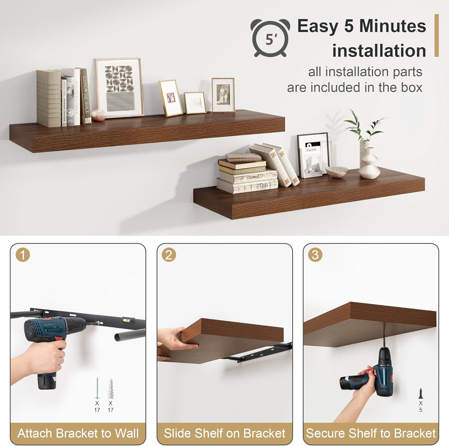 12 Inch Deep Walnut Floating Shelves Set of 1