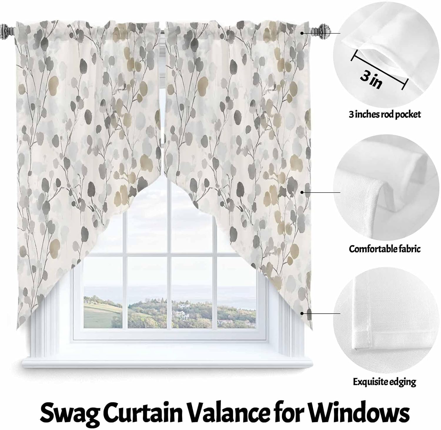 Gray Botanical Swag Valance 2 Pack for Windows