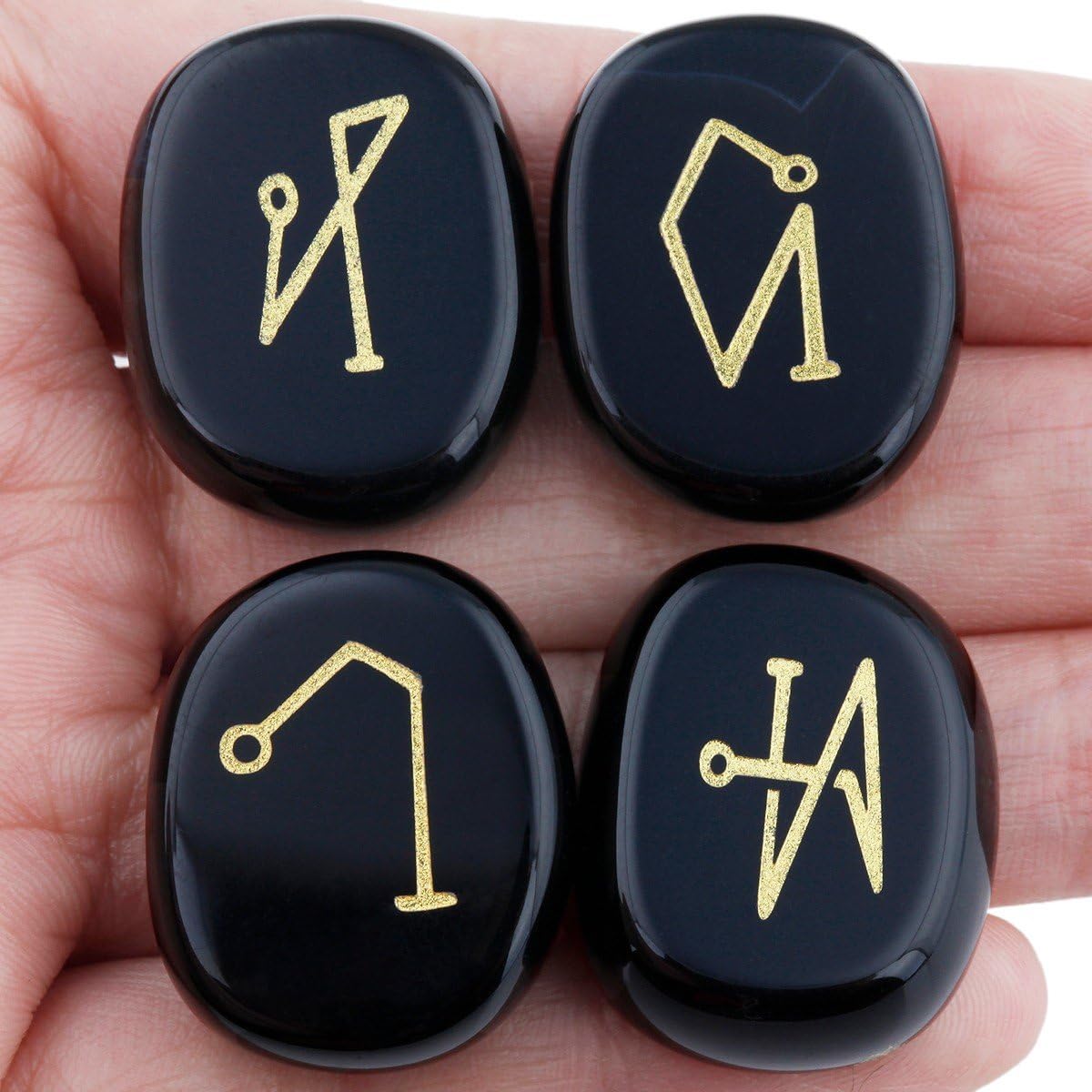 SUNYIK Flat Oval Black Agate Angel Symbols Set of 4
