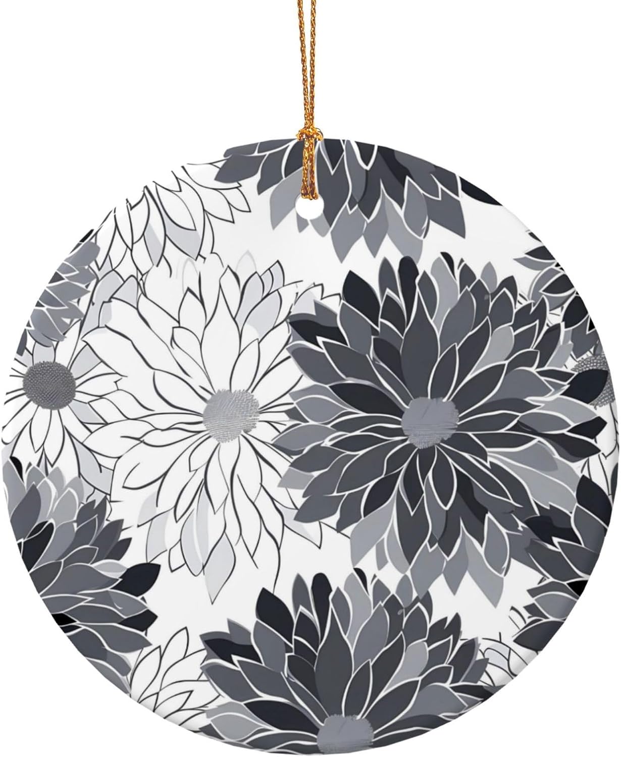 Christmas Ornaments Grey Black White Flower Round Ceramic Pendant Decor