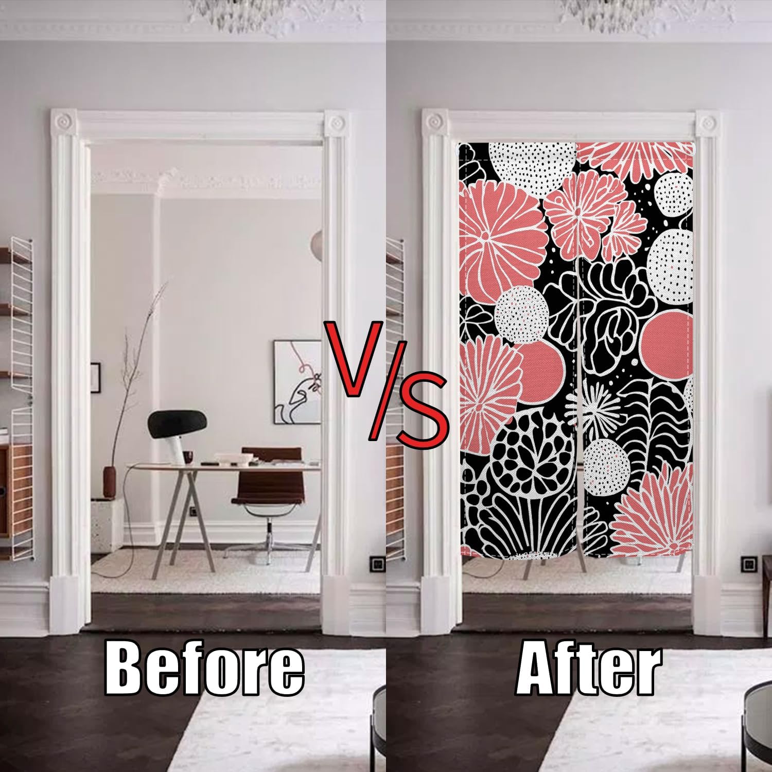 Traditional Japanese Noren Door Curtain Black Pink Flowers 283x472