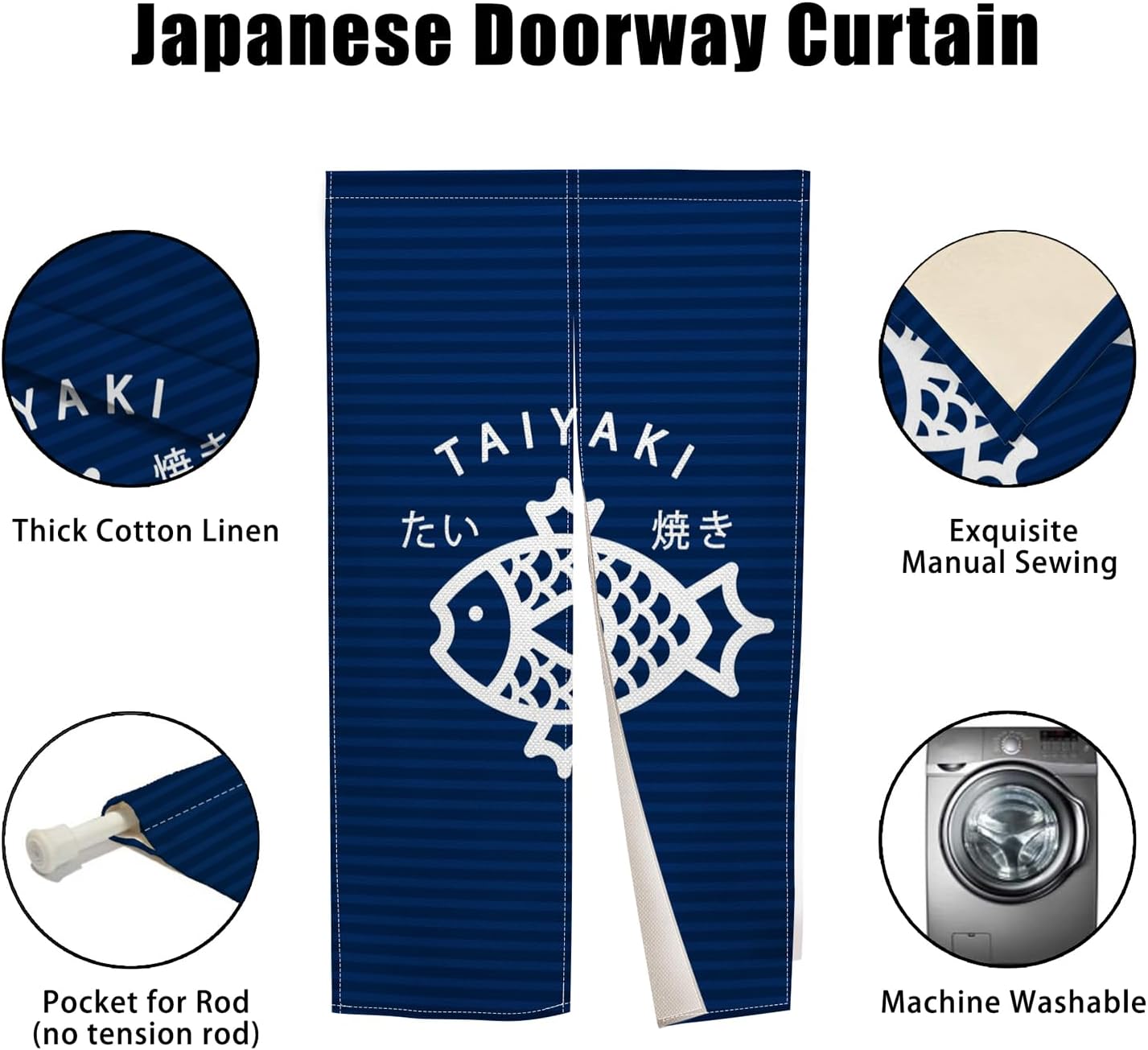 Traditional Japanese Noren Door Curtain with Taiyaki Print